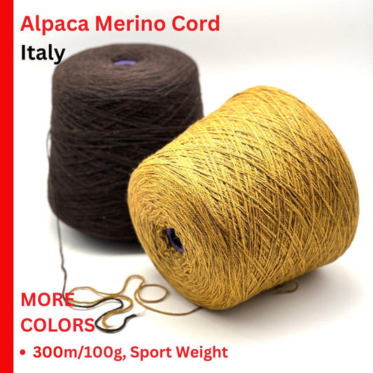 Two skeins of Alpaca Merino Cord, one brown and one yellow, on a white background with text about product details.