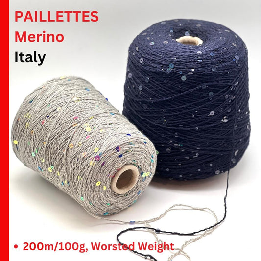 Two spools of yarn, one gray and one blue with sequins, on a white background with text indicating 'Paillettes Merino Italy' and product details.