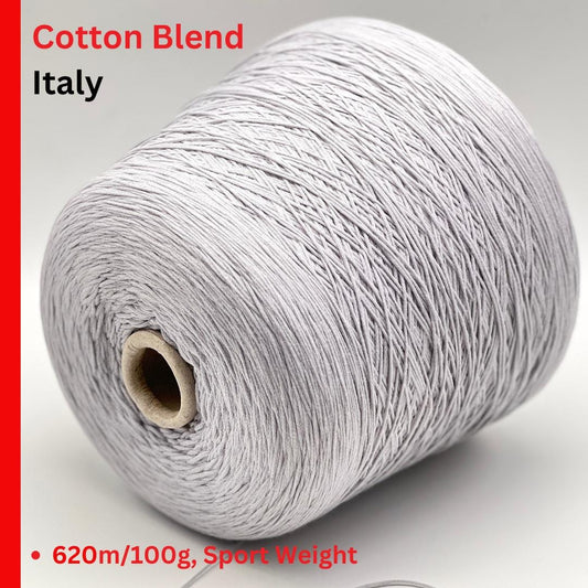 Spool of cotton blend yarn with 'Cotton Blend Italy' text on a white background