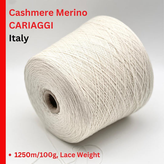 Roll of Cashmere Merino yarn with CARIAGGI branding on a gray background