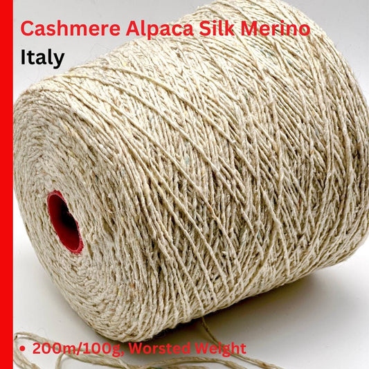 Rolled-up skein of yarn with text indicating material composition and origin