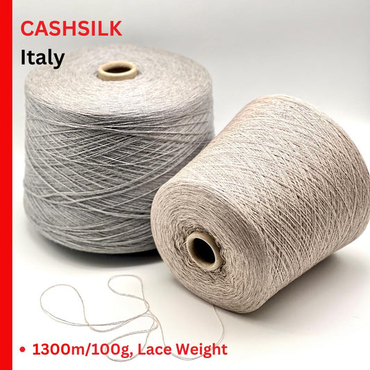 Two spools of yarn with 'CASHSILK Italy' branding on a white background.