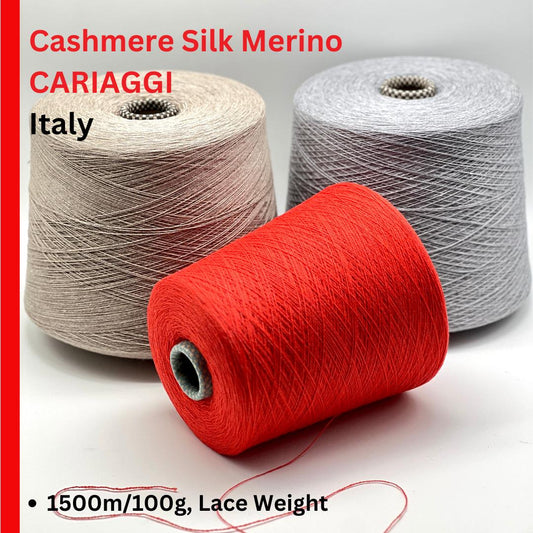 Three spools of yarn in red, beige, and gray with 'Cariaggi' branding on a white background.