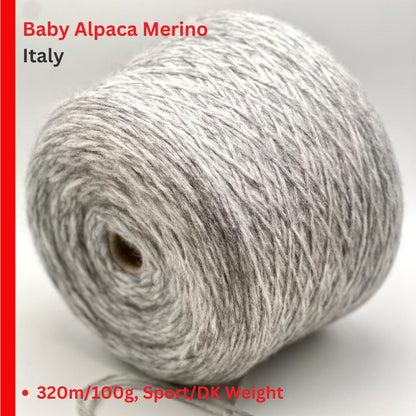 Ball of yarn labeled 'Baby Alpaca Merino Italy' with product details.
