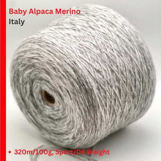 Ball of yarn labeled 'Baby Alpaca Merino Italy' with product details.