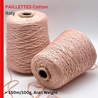 Two spools of Paillettes Cotton from Italy on a white background with text about weight and origin.