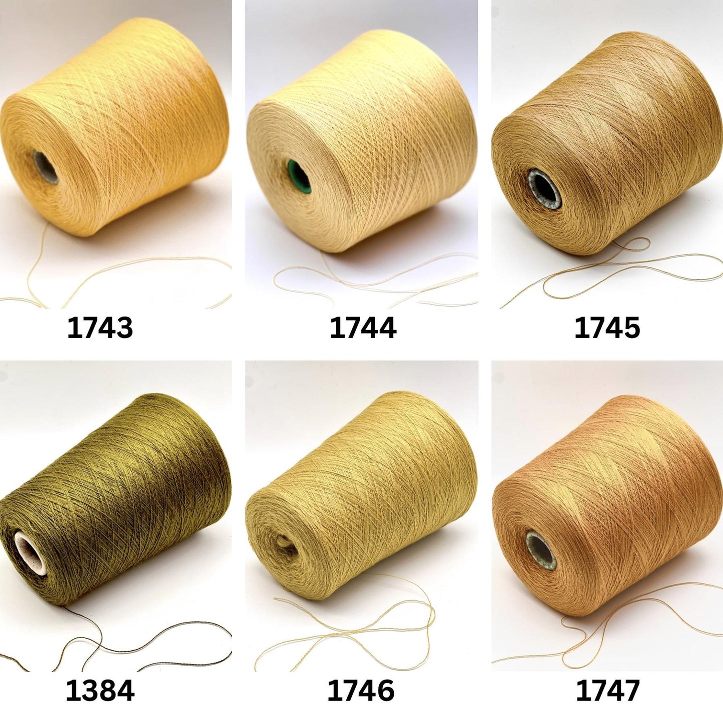 Six spools of yellow thread with numbers labeled on a white background