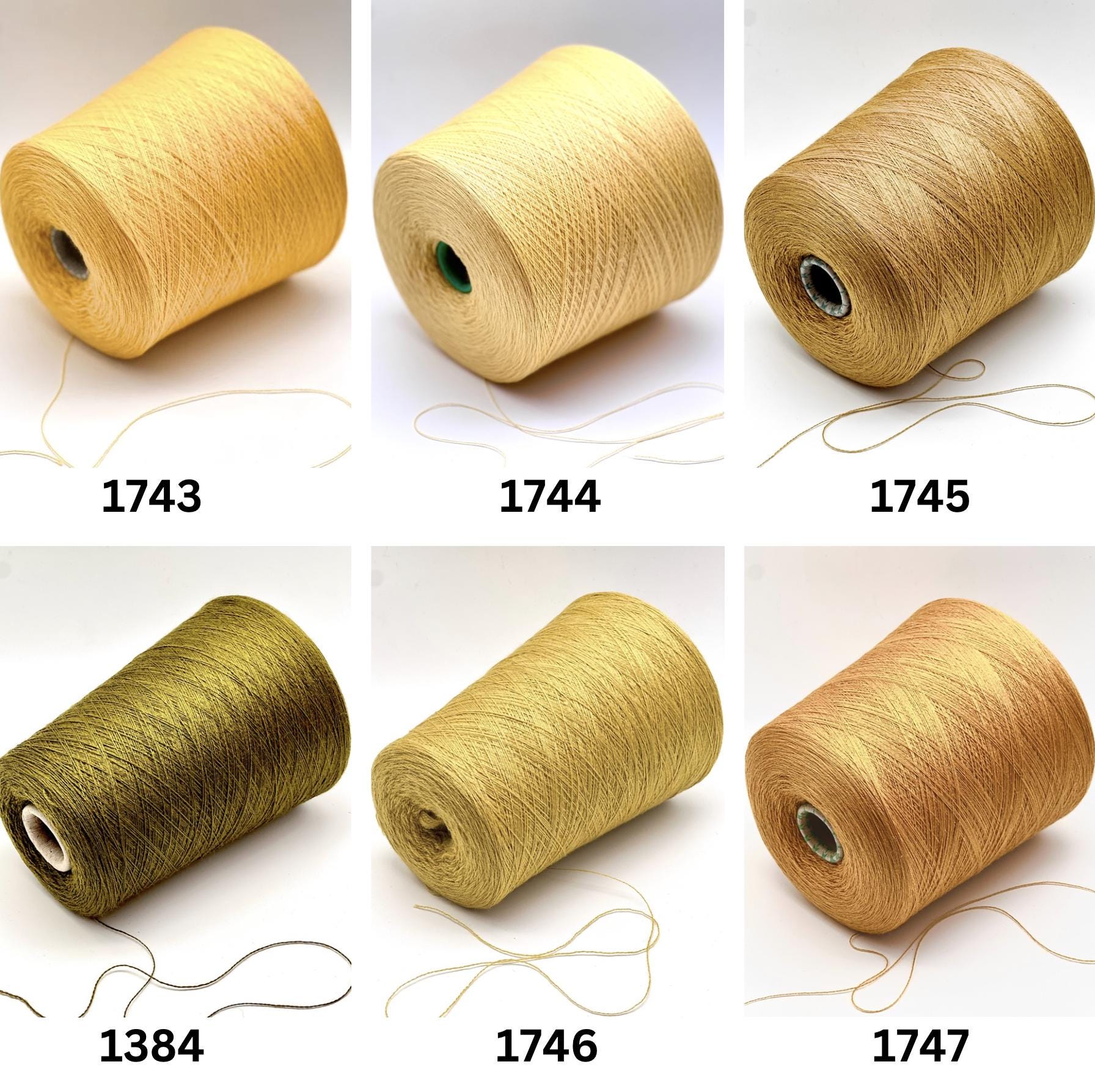 Six spools of yellow thread with numbers labeled on a white background