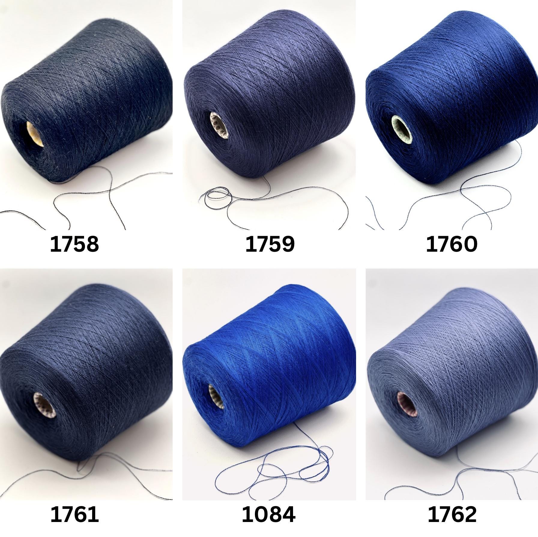 Six spools of blue yarn with labels on a white background