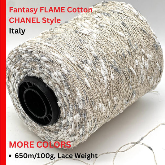 Roll of Fantasy Flame Cotton with 'Chanel Style' text on a white background