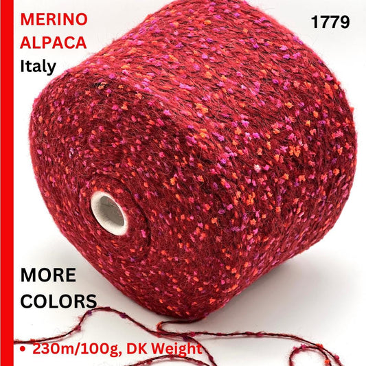 Red yarn ball with text about merino alpaca from Italy on a white background