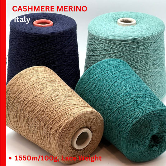 Four spools of cashmere merino yarn in different colors on a white background with text indicating origin and weight.