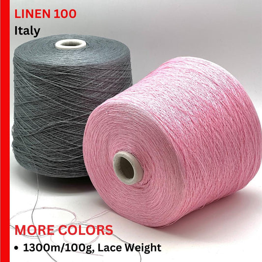 Two spools of linen yarn, one gray and one pink, on a white background with text about color availability and product details.