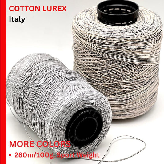 Two spools of Cotton Lurex yarn with a red border and text.
