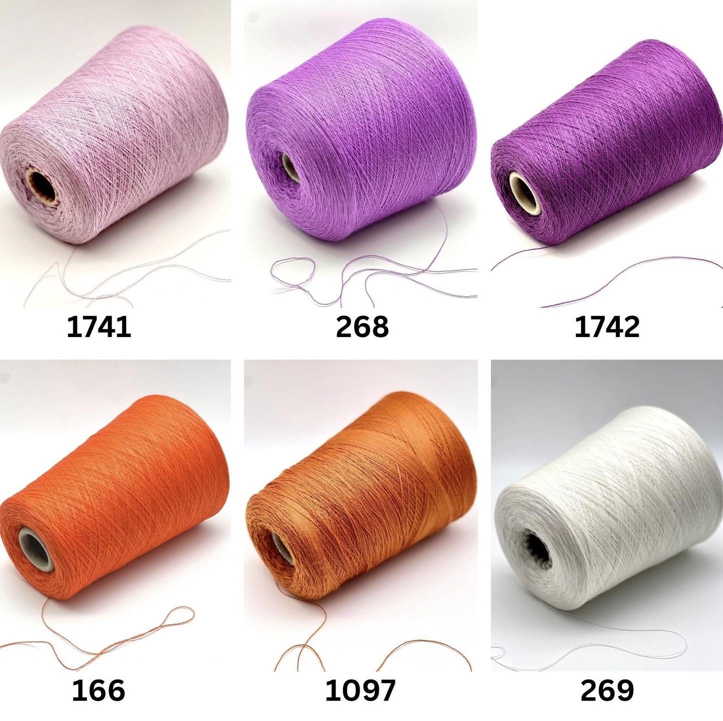 Six spools of thread in different colors with numbers below each spool on a white background.