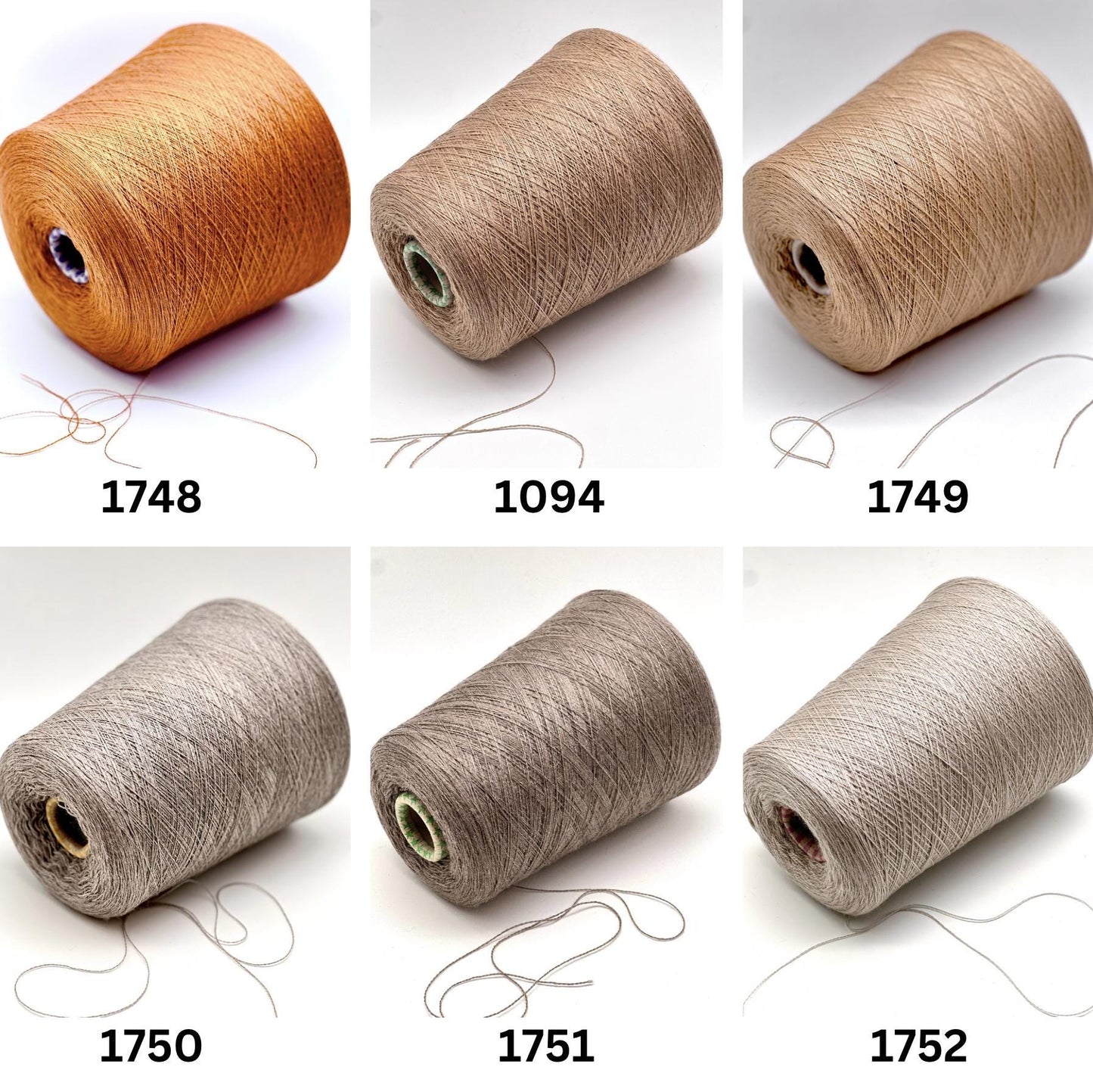 Set of six spools of thread in different colors on a white background