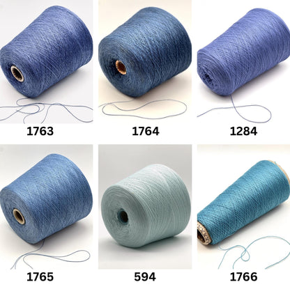 Six spools of blue yarn with thread strands, labeled with numbers, on a white background.