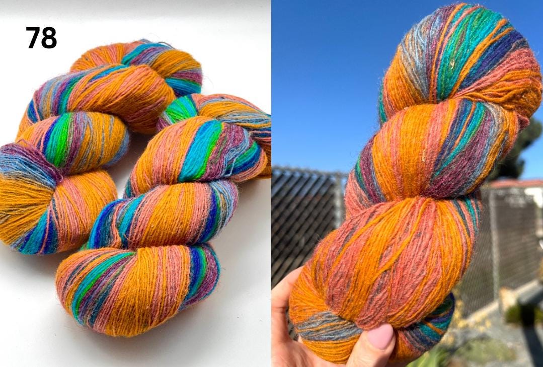Colorful skeins of yarn on a white background and held in a hand with a blue sky and trees in the background.