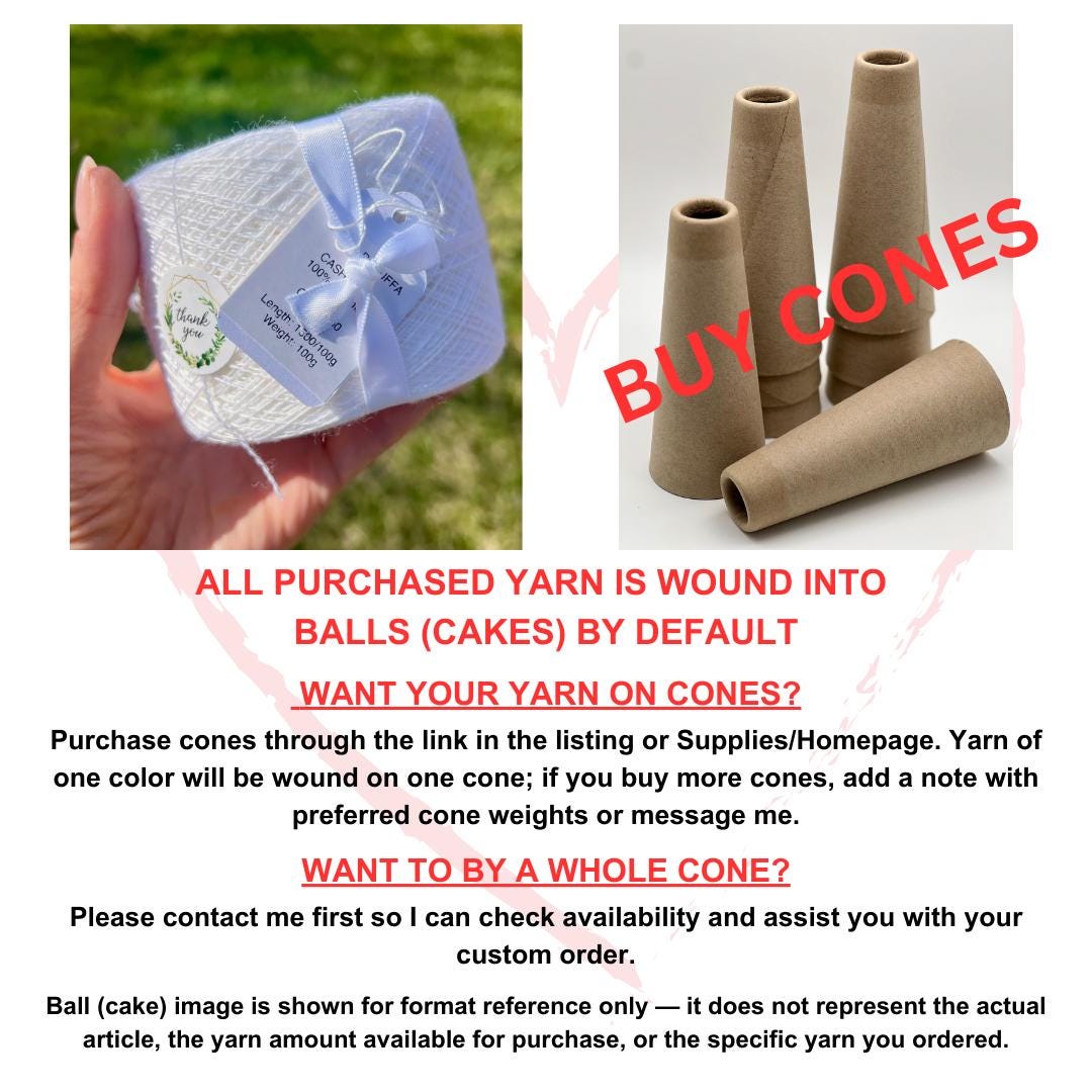 Yarn packaging with a bow and text about yarn cones on a white background.