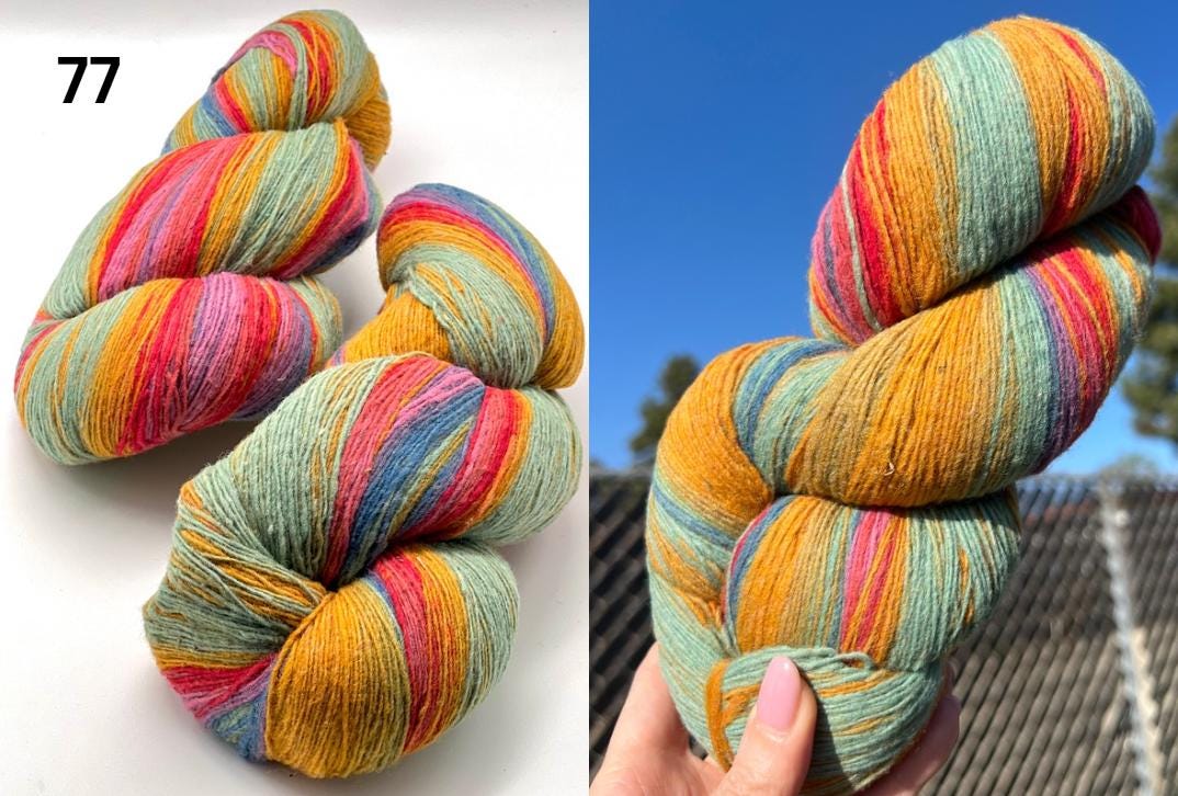 Colorful skein of yarn on a white background with a close-up of the yarn held in a hand against a blue sky.