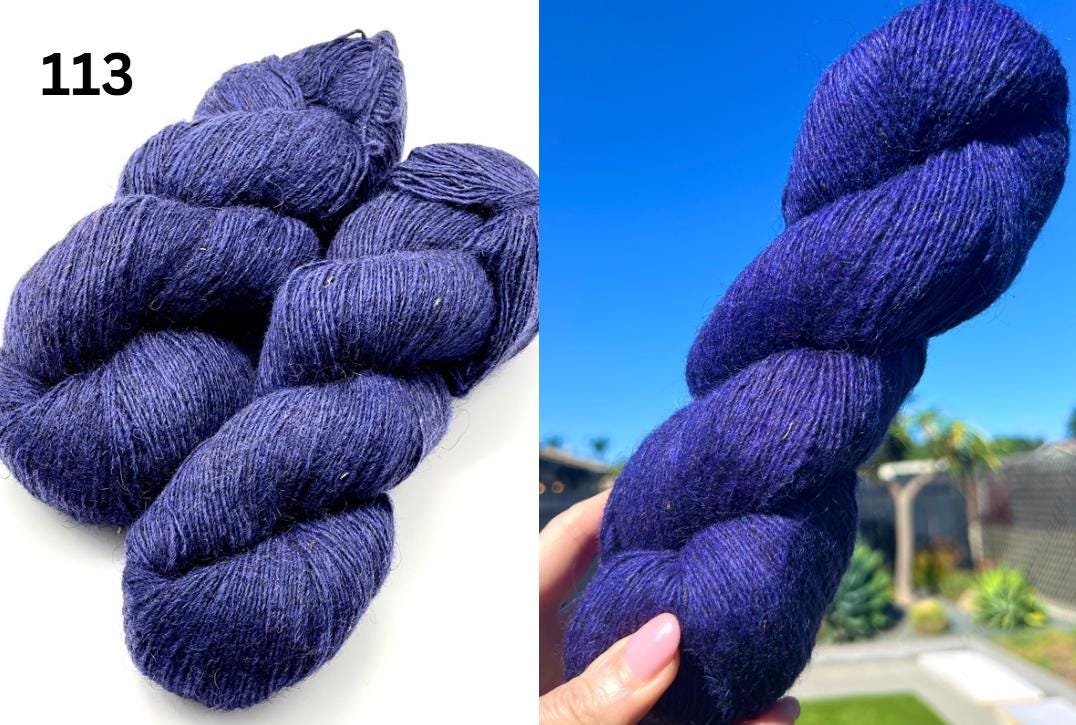 Two images of blue yarn; one on a white background and the other held outdoors.