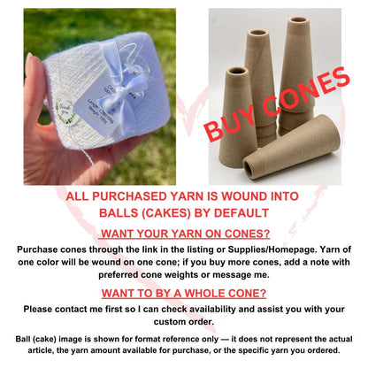Yarn packaging with a bow and text about yarn cones on a white background.