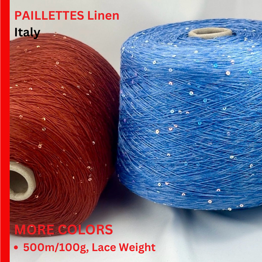 PAILLETTES LINEN Yarn, Sparkling Yarn, Premium Italian Yarn by G&G Filati, Lace Weight, 500m/100g (546y/3.52oz)