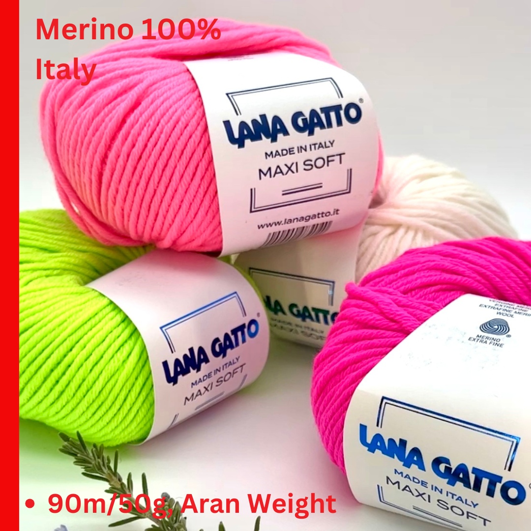 Pink, green, and white yarn balls with Lana Gatto labels on a light background