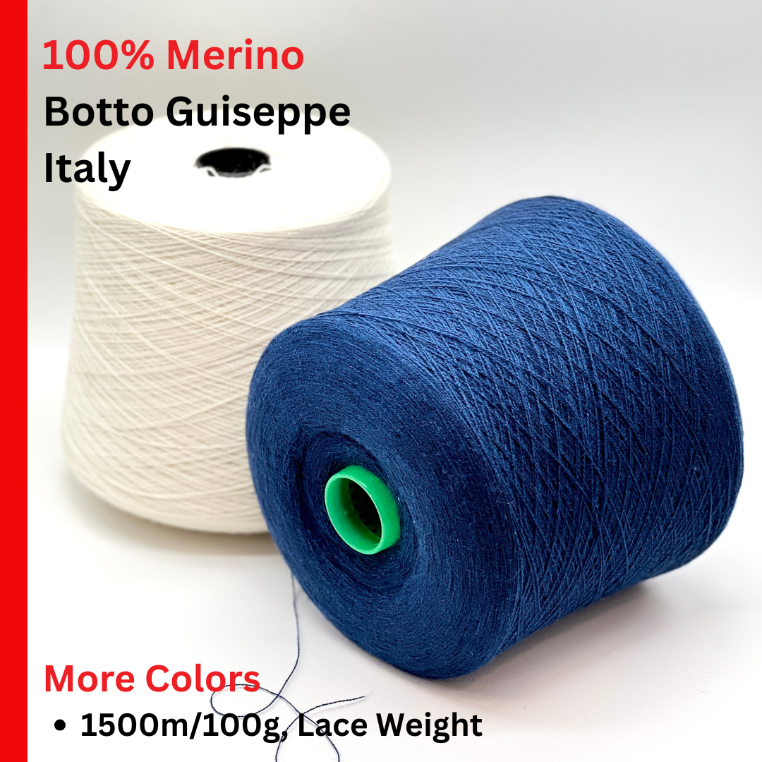 Two spools of yarn, one white and one blue, with text about Merino wool and product details.
