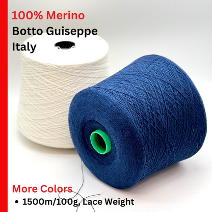 Two spools of yarn, one white and one blue, with text about Merino wool and product details.