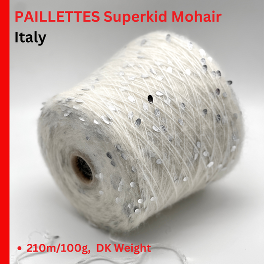 Roll of PAILLETTES Superkid Mohair yarn with text on a white background