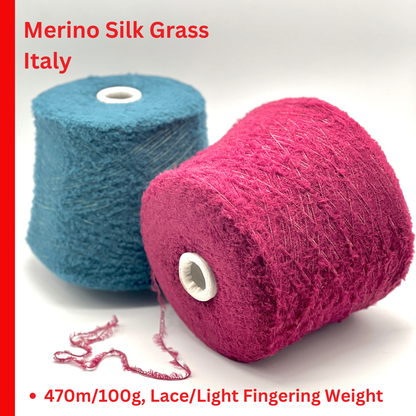 Two spools of Merino Silk Grass from Italy on a white background with text indicating product details.