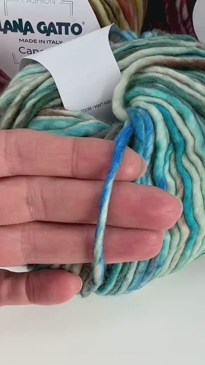 Lana Gatto Capoeira luxurious wool blend super bulky roving yarn from iDOKNiT. Lightweight fluffy Italian-spun multicolor gradient fiber from the Winter 2025 Limited Collection, 100m per 100g skein.