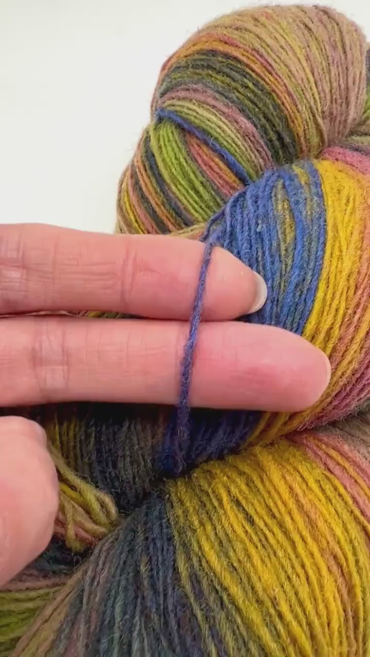 Exclusive iDOKNiT fingering weight heritage yarn, DUNDAGA 6.1 from Paces Vilnas Fabrika, Latvia. A traditional single-ply blend of 70% Latvian wool and 30% Latvian merino, providing 420m per 100g. Processed to retain 70% natural lanolin for unique warmth and a soft bloom. Curated by iDOKNiT in various authentic multi-color batches for rustic, high-quality knitwear.