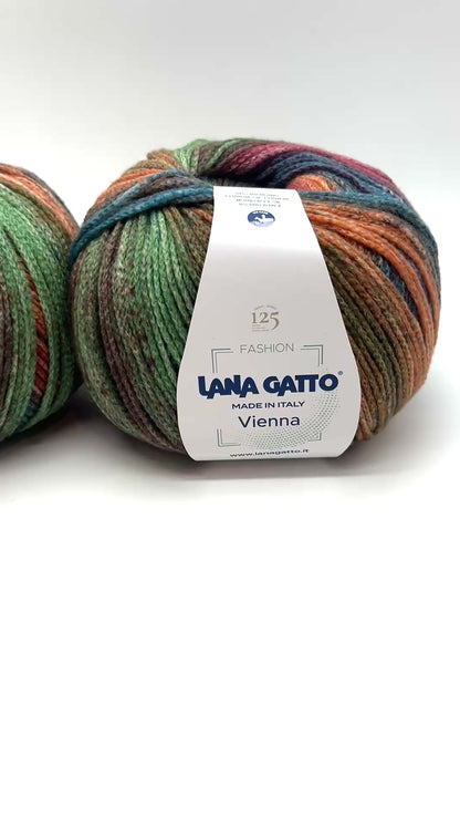 Lana Gatto VIENNA yarn ball in multicolor tones – 125th anniversary label front