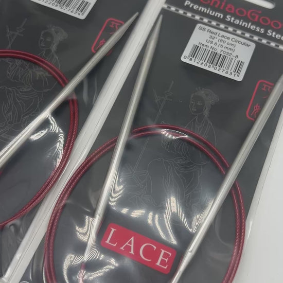 ChiaoGoo RED Lace fixed circular knitting needles featuring surgical stainless steel tips and signature red flexible cable for professional knitting at iDOKNiT.