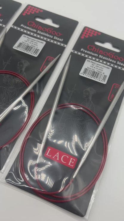 ChiaoGoo RED Lace fixed circular knitting needles featuring surgical stainless steel tips and signature red flexible cable for professional knitting at iDOKNiT.