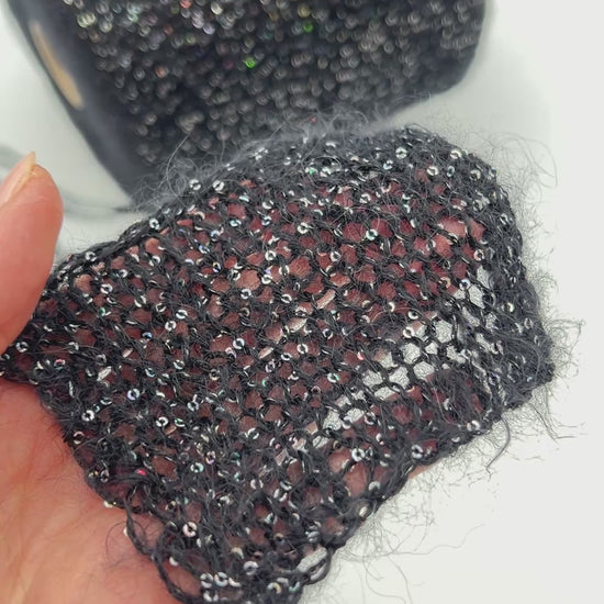 SESIA BOREALE Baby Suri Alpaca sequin yarn with holographic sparkle, luxury Italian halo yarn for sweaters, shawls, cardigans, and accessories.