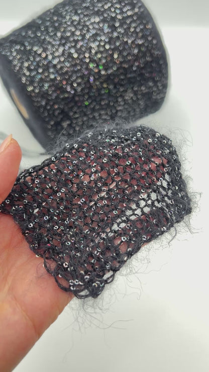 SESIA BOREALE Baby Suri Alpaca sequin yarn with holographic sparkle, luxury Italian halo yarn for sweaters, shawls, cardigans, and accessories.