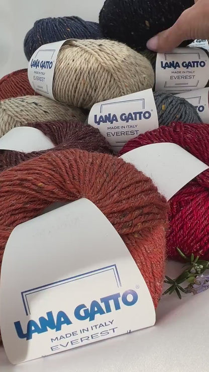Close-up of iDOKNiT Lana Gatto EVEREST tweed yarn, showing the rustic texture of the Merino and Viscose blend with signature colorful neps in a 50g ball.