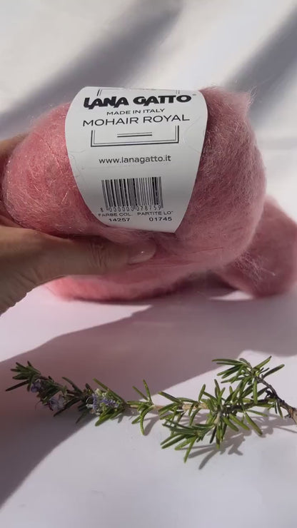 Close-up of iDOKNiT Lana Gatto MOHAIR ROYAL yarn, highlighting the delicate airy halo of Kid Mohair and Extrafine Merino blend in a 25g ball.