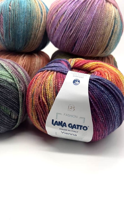 Lana Gatto VIENNA yarn ball in multicolor tones – 125th anniversary label front