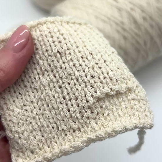 Exclusive iDOKNiT chunky weight yarn, DOMUS SILK by RiGo Italy. High-end blend of 60% cotton and 40% silk with a modern chainette (chain-cable) structure, providing 130m per 100g. Authentic Italian-made luxury fiber curated by iDOKNiT for breathable, soft, and textured knitwear with excellent stitch definition.