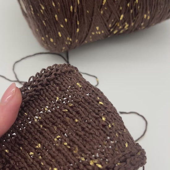 Italian cotton blend chain yarn chocolate brown with gold paint-like splashes