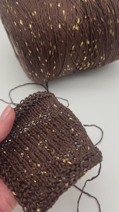 Italian cotton blend chain yarn chocolate brown with gold paint-like splashes