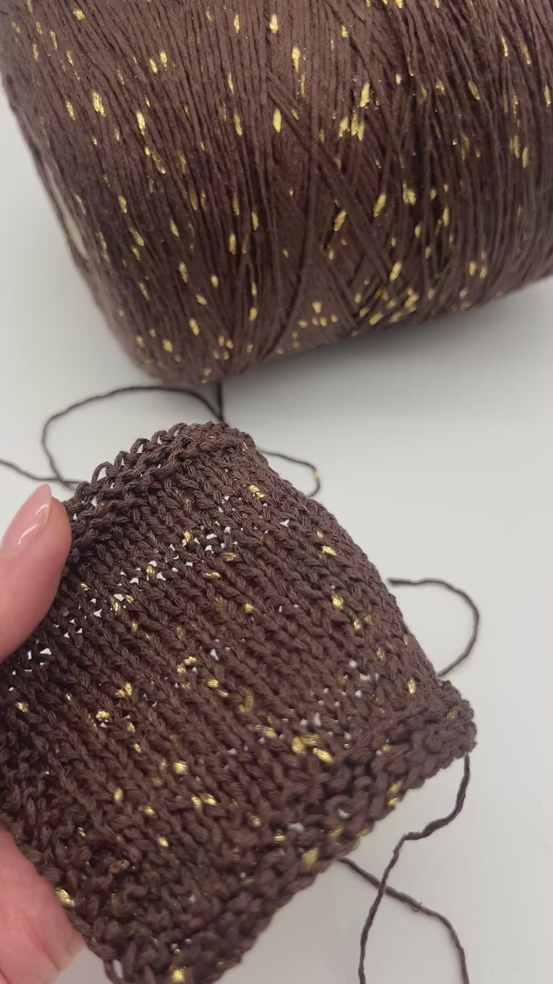 Italian cotton blend chain yarn chocolate brown with gold paint-like splashes