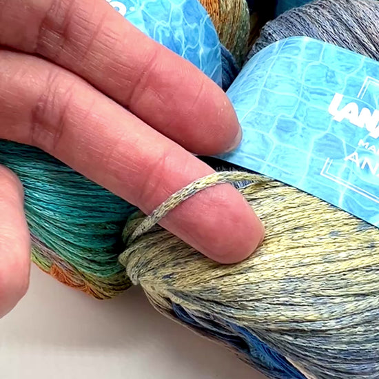 Exclusive iDOKNiT sport weight summer yarn, ANANAS by Lana Gatto Italy. A vibrant Fashion Collection 2026 blend of 75% cotton and 25% viscose, providing 290m per 100g ball. Authentic Italian-made luxury fiber curated by iDOKNiT for breathable, eco-friendly garments with a bold multicolour character and soft, fluid drape.