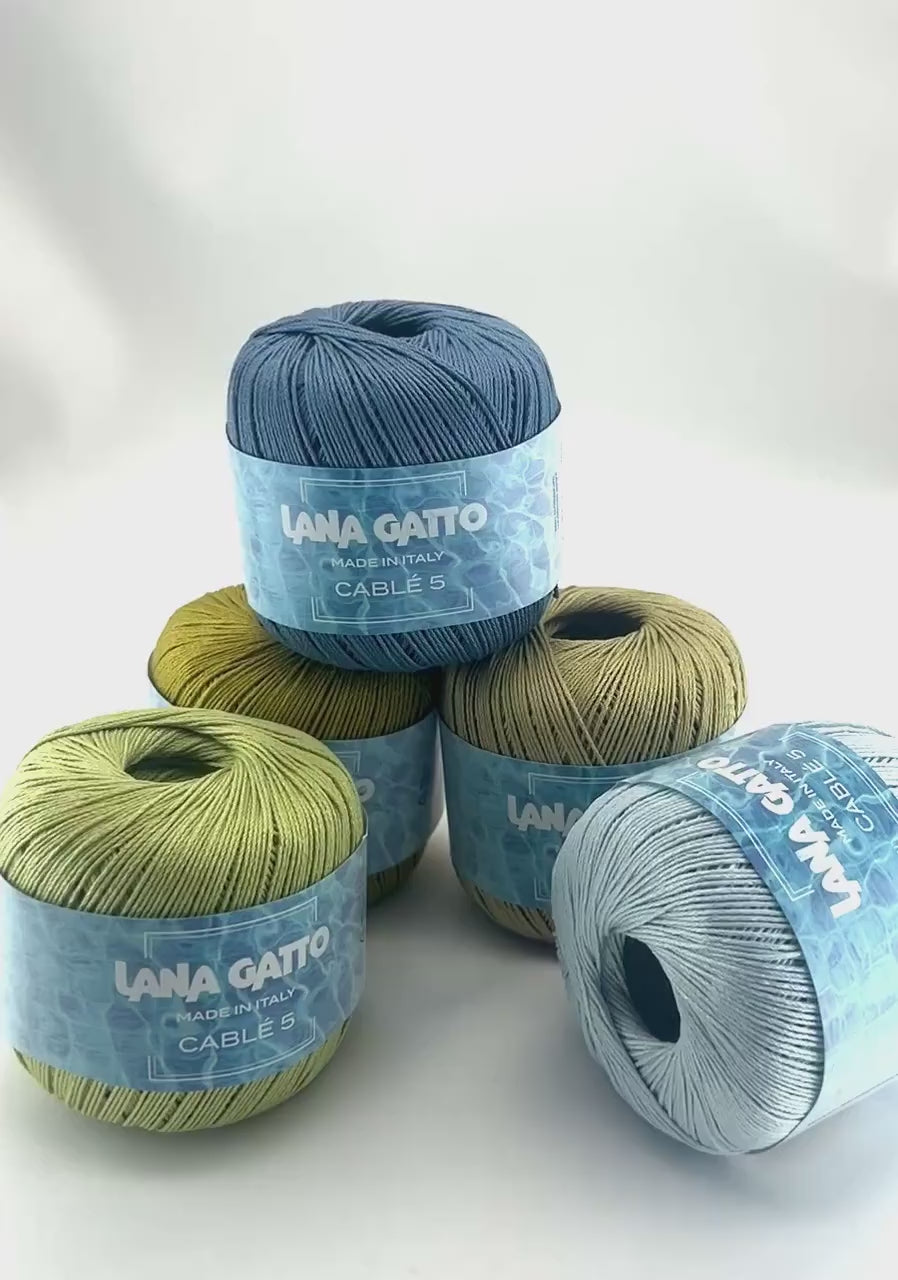 Lana Gatto Cablé 5 mercerized Egyptian Mako cotton fingering weight yarn from iDOKNiT. Smooth, tightly spun premium Italian fiber with a subtle sheen for luxury knitting and crochet, 175m per 50g ball.