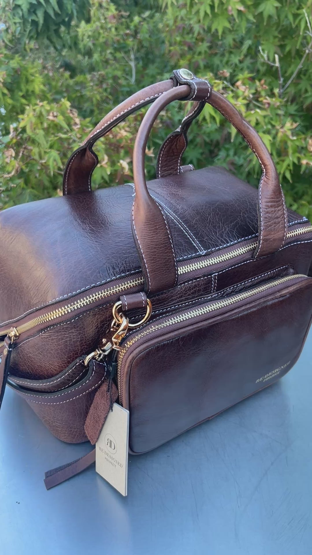 RE PROJECT 39 handcrafted Urban Leather knitting and crochet crossbody bag with top handles and front pocket from iDOKNiT