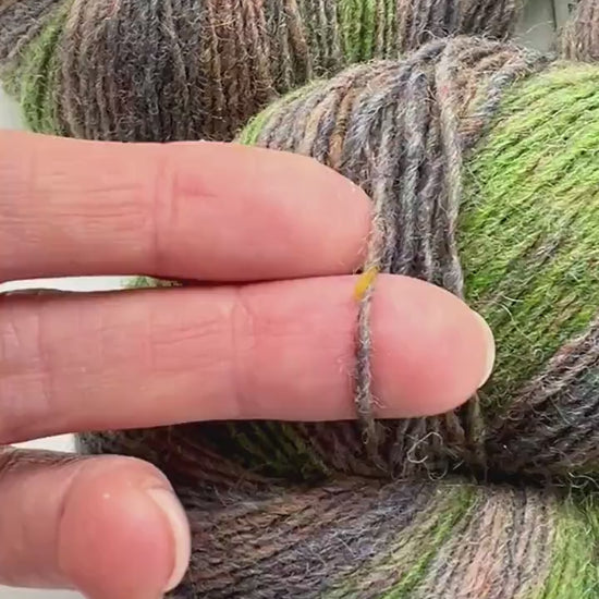 Small-batch dyed heritage skeins of 100% Latvian Dark-Headed Sheep Wool in earthy multicolor gradients like Green-Brown #052. The image shows the rustic single-ply texture and the sheep breed origin, representing the authentic wool traditions of Paces Vilnas Fabrika, Latvia. Available at iDOKNiT.com.